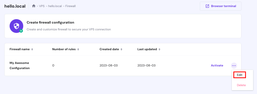 La page Firewall sur hPanel. Le bouton Editer est mis en évidence