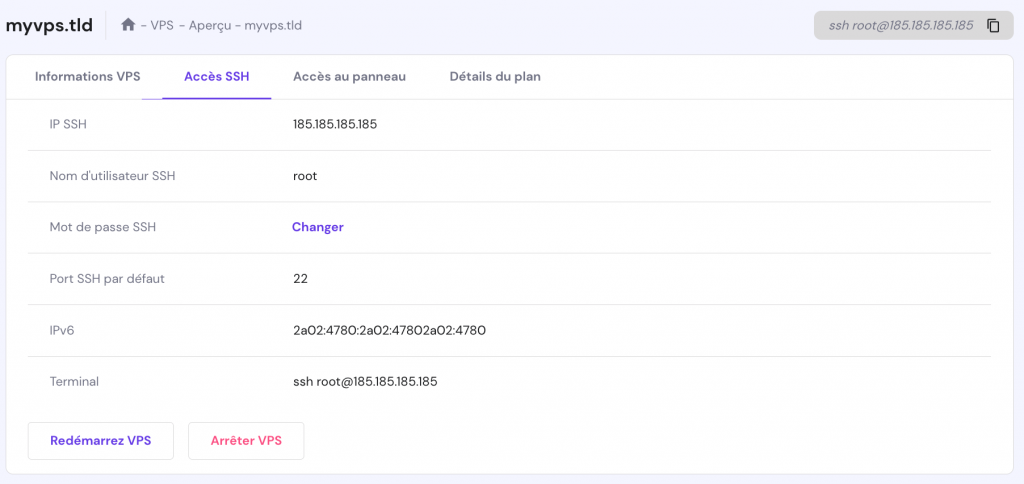 La section d'accès au VPS sur hPanel