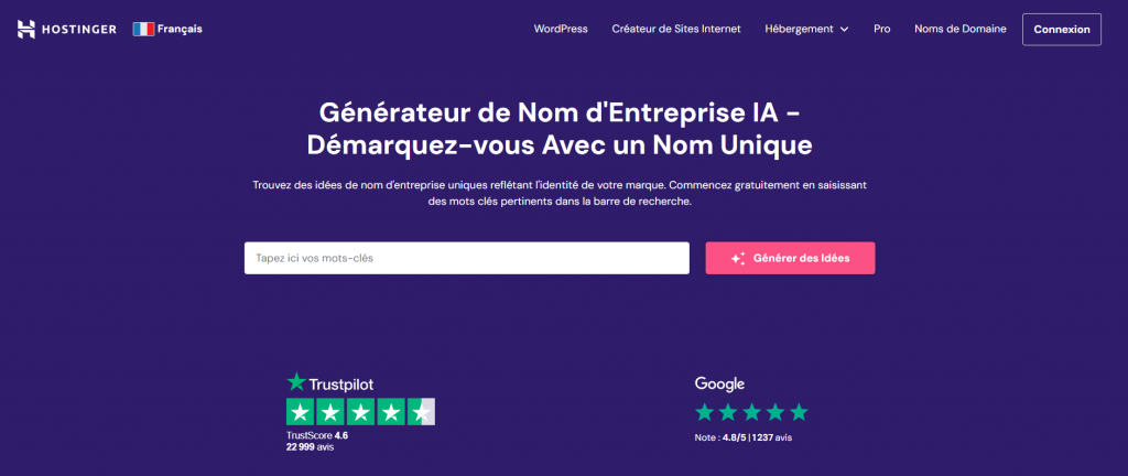 Page du générateur de noms d'entreprise d'Hostinger