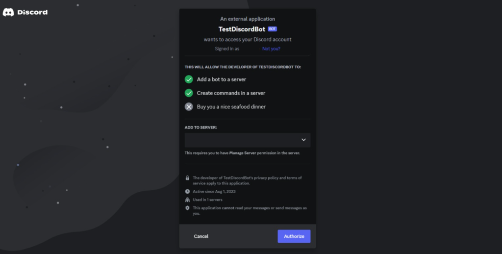 La page d'invitation du bot Discord