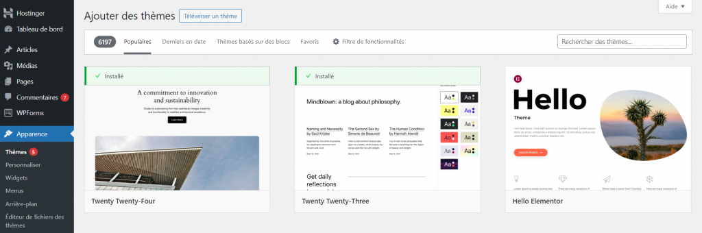 Le répertoire des thèmes WordPress dans le panneau d'administration du CMS