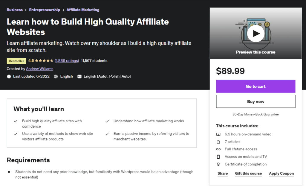 La landing page du cours "Learn How to Build High Quality Affiliate Websites" sur Udemy.