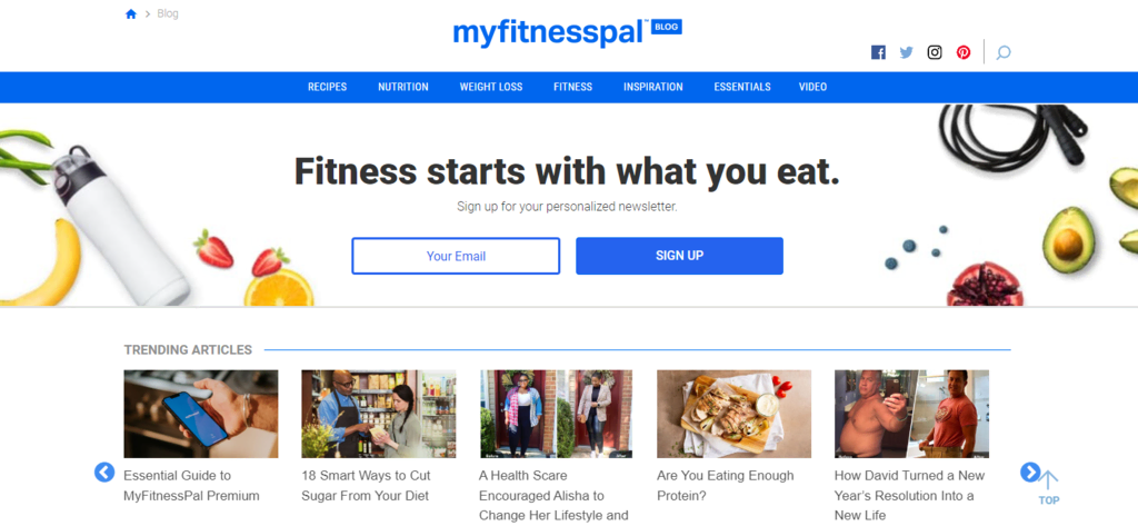 Page d'accueil du blog MyFitnessPal