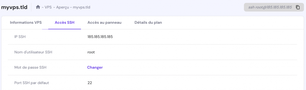 Emplacement des identifiants SSH du VPS Hostinger game