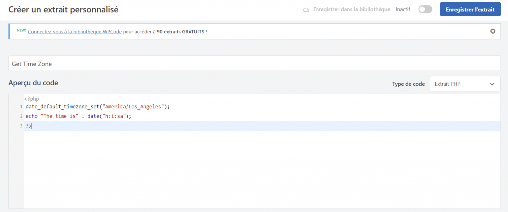 Ajout d'un nouveau code PHP à la section Aperçu du code dans WPCode.