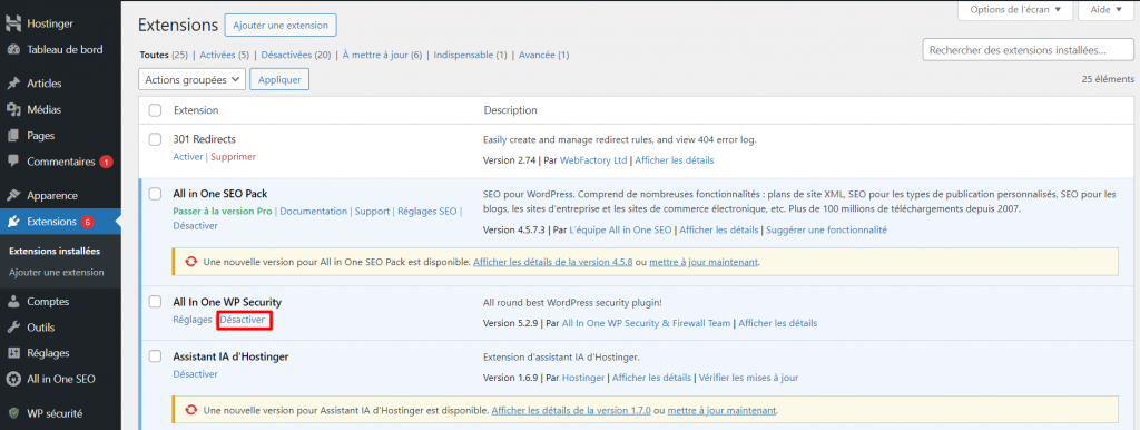 La section Extensions de WordPress avec le lien Désactiver mis en évidence sous un plugin de sécurité.		