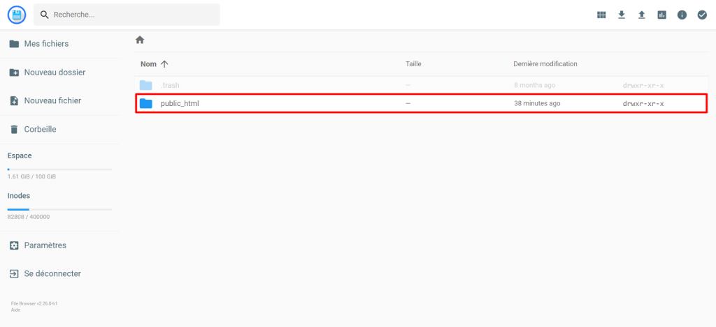 Le répertoire public_html du gestionnaire de fichiers 