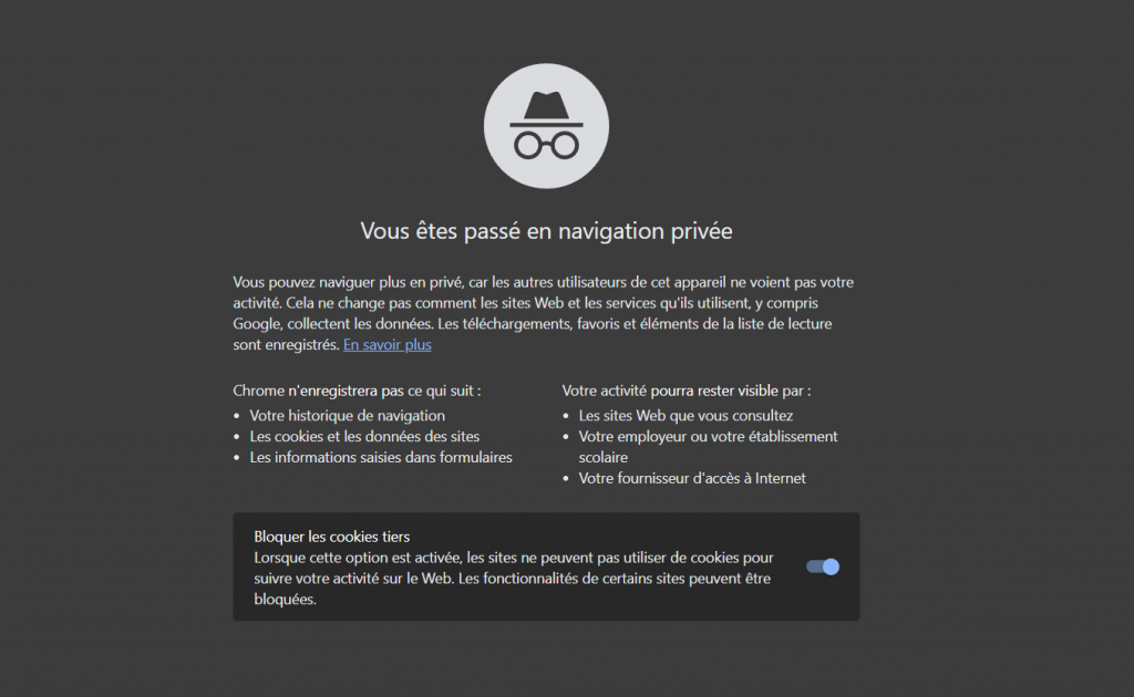 Une session de navigation privée dans le navigateur Google Chrome