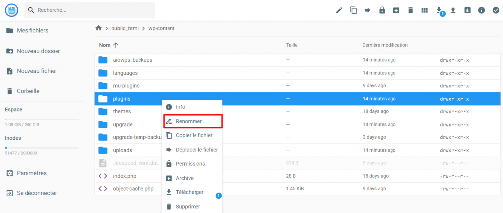 Renommer le fichier plugins dans l'interface du gestionnaire de fichiers d'Hostinger