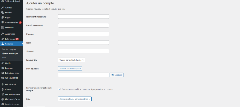 Ajouter un nouvel utilisateur et lui attribuer un rôle d'administrateur depuis le tableau de bord de WordPress