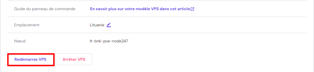 Redémarrer le VPS dans le tableau de bord des VPS de hPanel