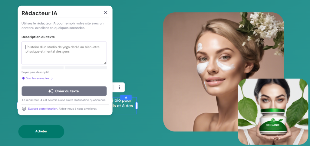 Utilisation du Rédacteur IA pour rédiger automatiquement un texte de description sur un site web.