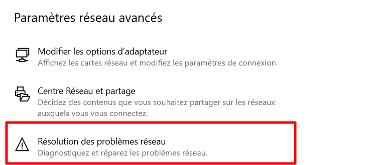 Le bouton de résolution des problèmes réseau sous Windows.