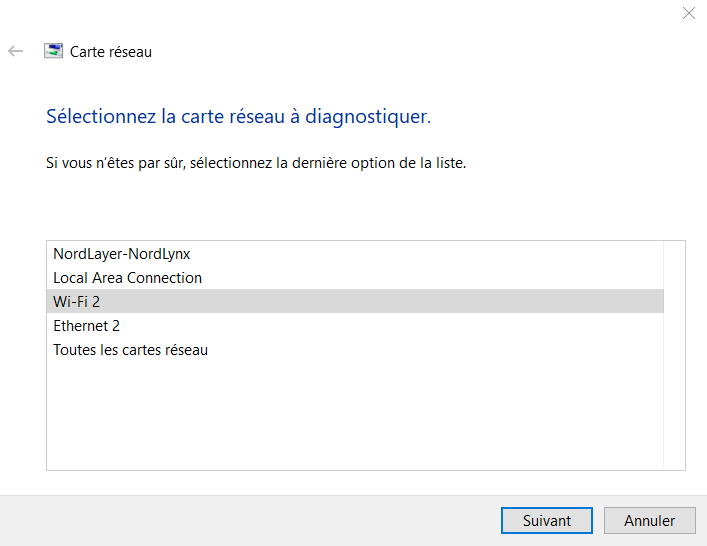 Une sélection de cartes réseau à diagnostiquer dans l'outil de dépannage de Windows.