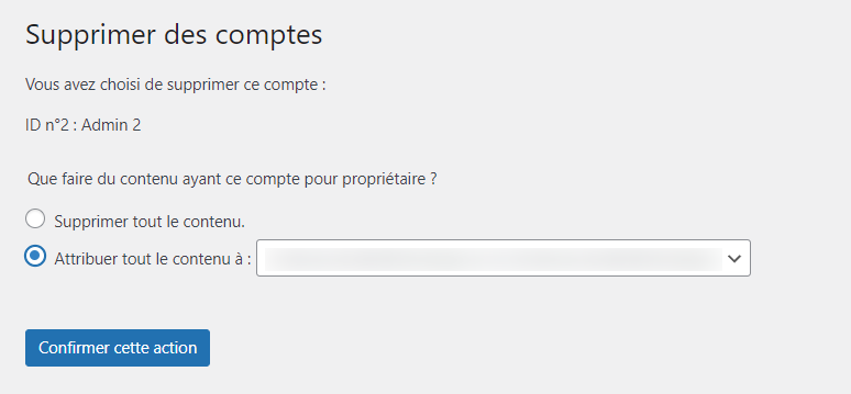 Confirmer la suppression d'un compte WordPress