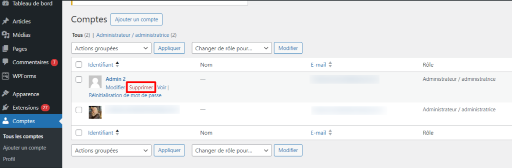 Supprimer un utilisateur d'un site WordPress