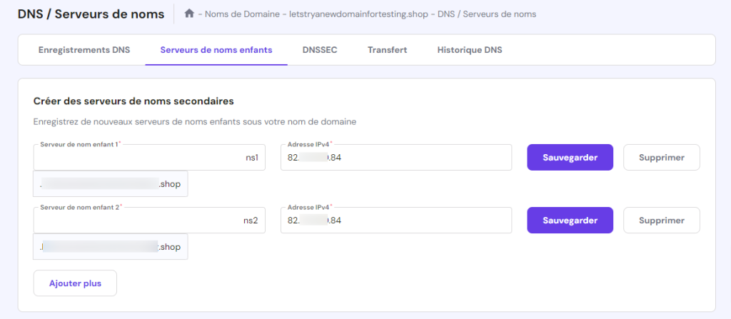 Menu de configuration des serveurs de noms enfants dans hPanel