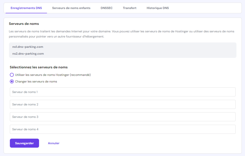 Menu de configuration des serveurs de noms dans hPanel