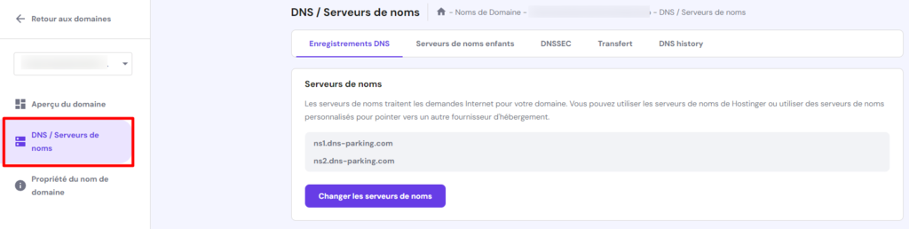 Serveurs de noms sur hPanel