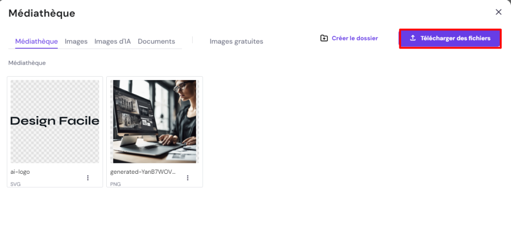 Bibliothèque de médias du constructeur de sites web Hostinger