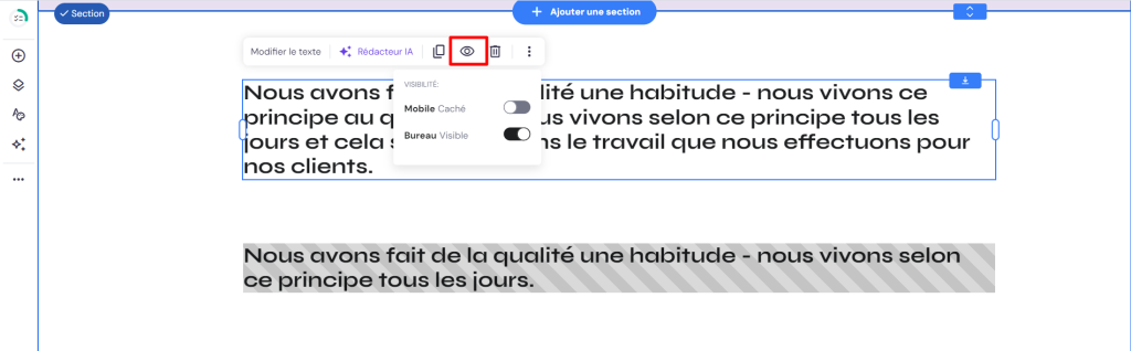 L'interface du constructeur de site web avec deux blocs de texte distincts pour le mobile et l'ordinateur