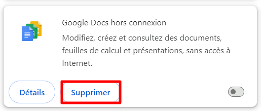 Le bouton Supprimer dans les paramètres des extensions de Google Chrome.