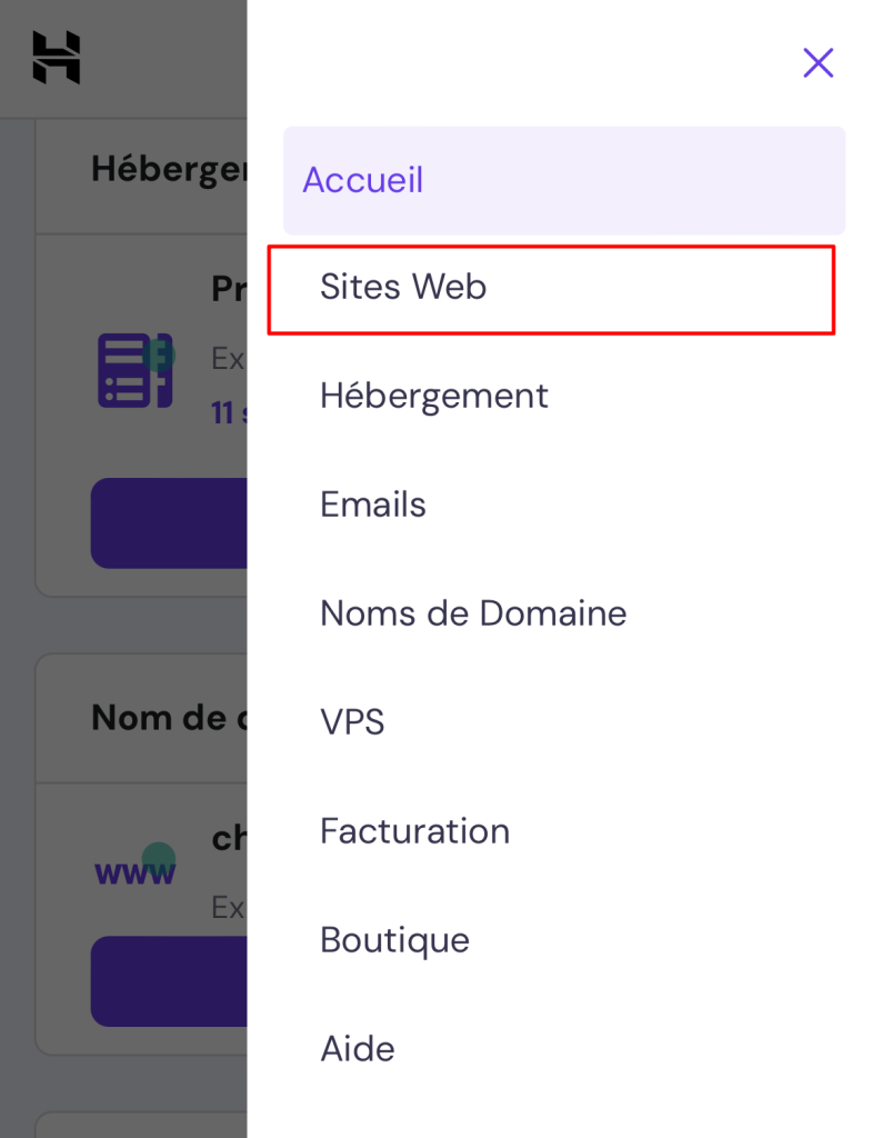 Menu de sites web mis en évidence dans hPanel