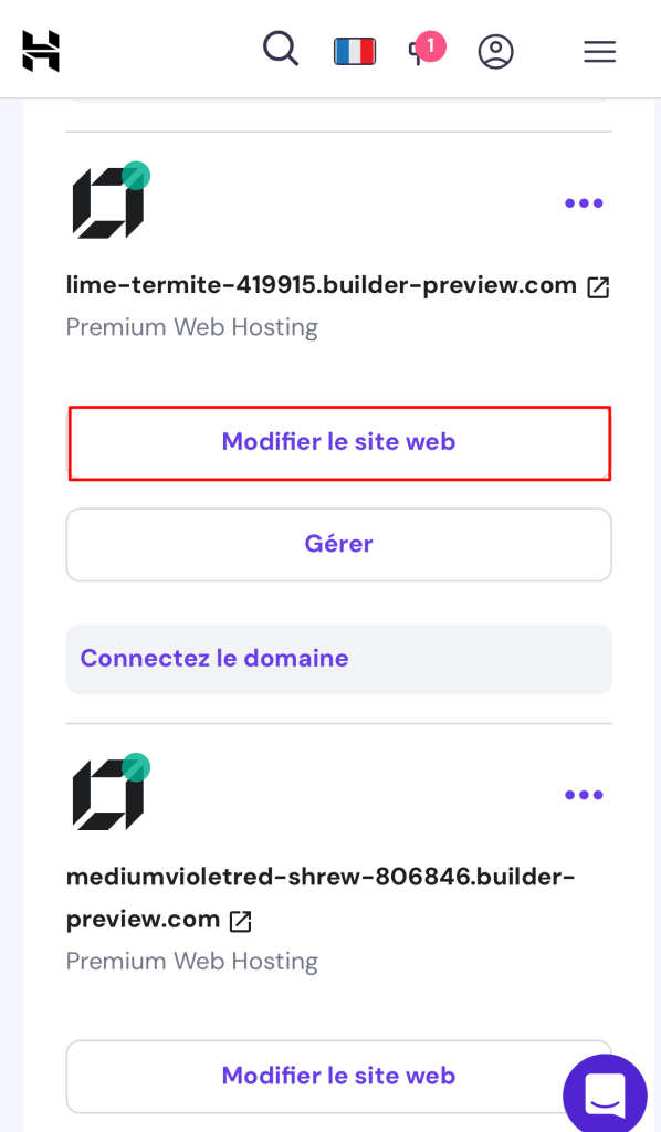 Bouton de modification du site web mis en évidence dans le hPanel