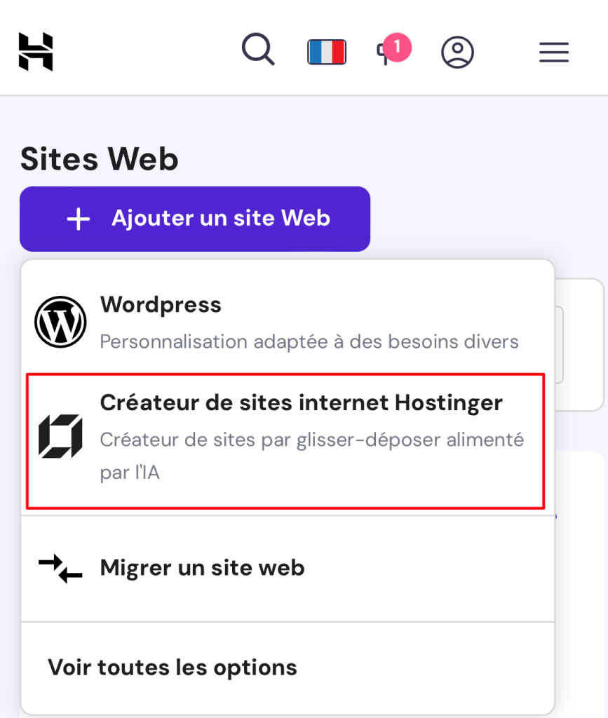 sélectionner le créateur de sites web Hostinger sur l'éditeur mobile 