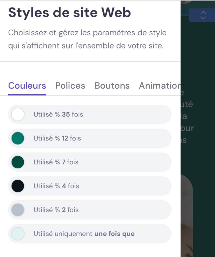 Menu d'édition des couleurs