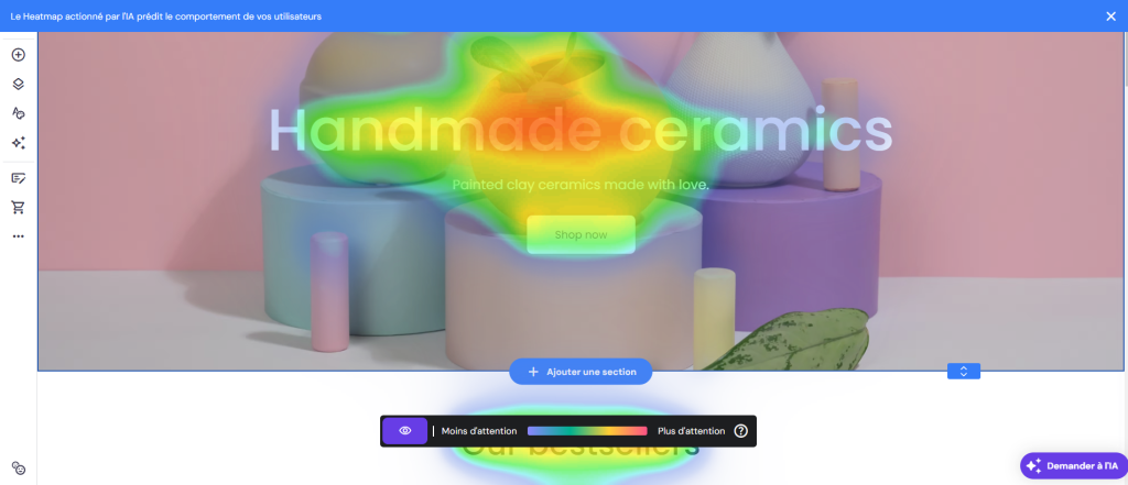 Fonctionnalité Heatmap IA montrant quelle zone d'un site web génère le plus d'attention.
