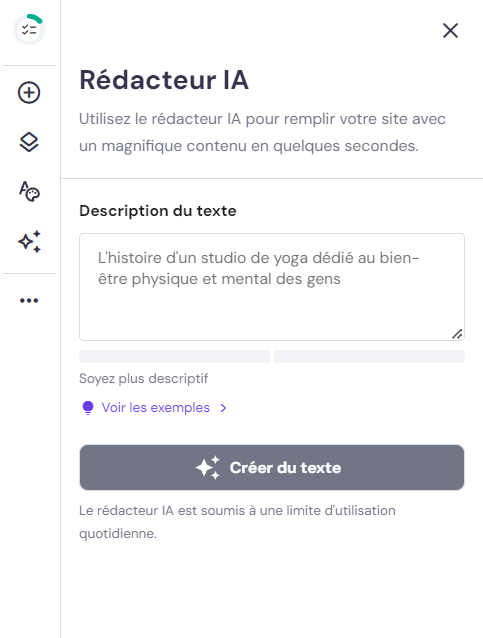 Fonctionnalité du Rédacteur IA sur le créateur de site Web Hostinger.