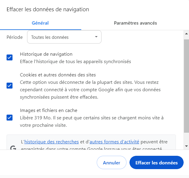 Paramètres d'effacement des données de navigation dans Google Chrome.