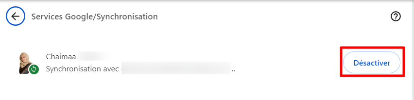 Le bouton Désactiver des paramètres de synchronisation et des services Google de Google Chrome.