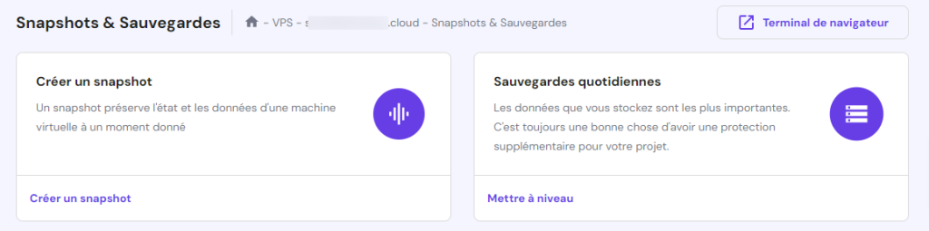 Accéder au menu Snapshots et sauvegardes dans le tableau de bord VPS de hPanel