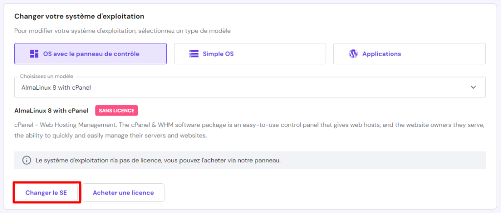 Le menu d'installation du système d'exploitation dans hPanel