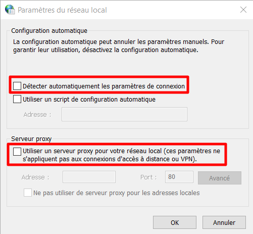 Les paramètres du réseau local (LAN) sous Windows.