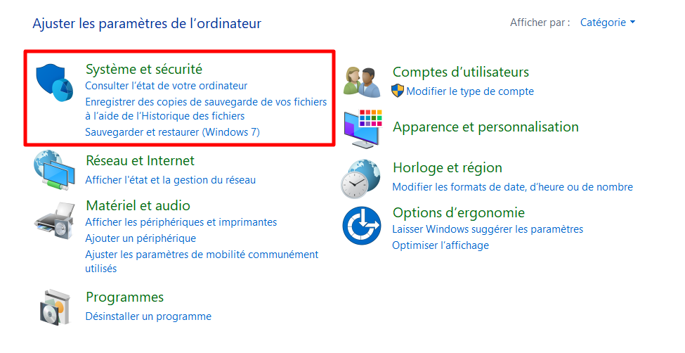 Paramètres du système et de la sécurité dans le panneau de configuration de Windows