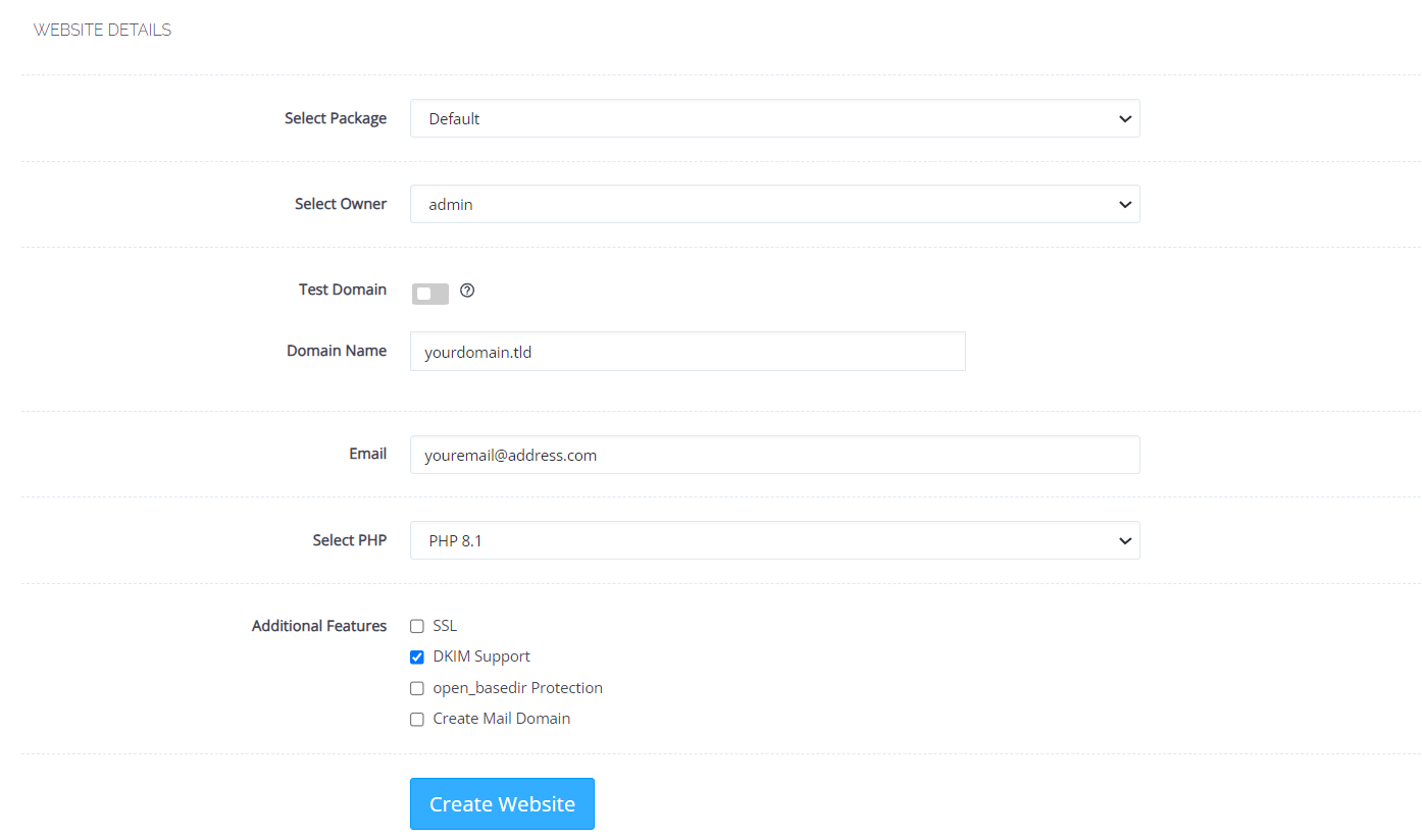 Paramètres de création des conteneurs de sites Web dans CyberPanel