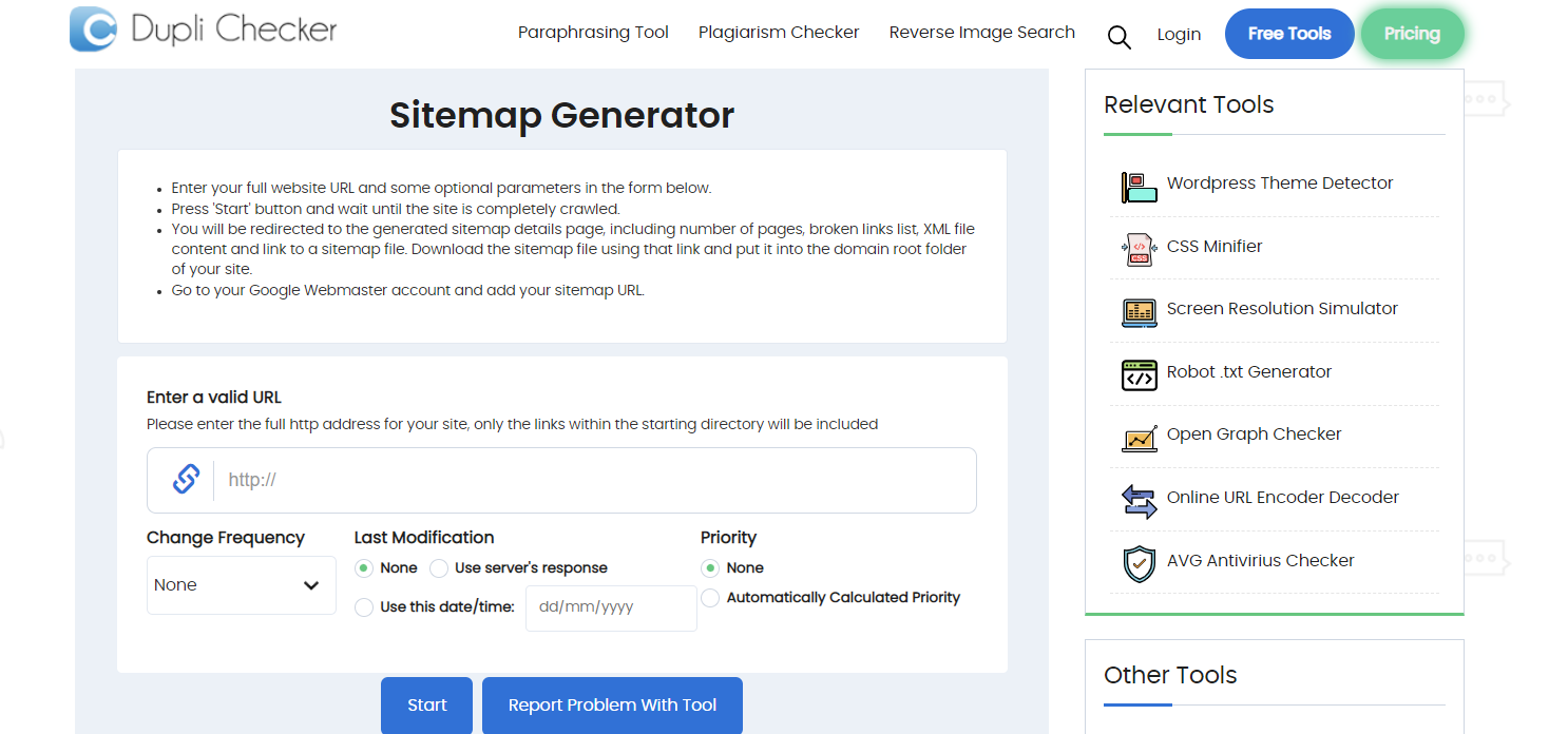 Page d'accueil du générateur de sitemap Dupli Checker