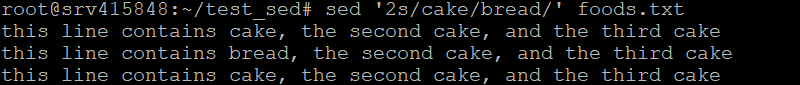 La sortie du terminal montre que sed a remplacé cake dans la deuxième ligne par bread 