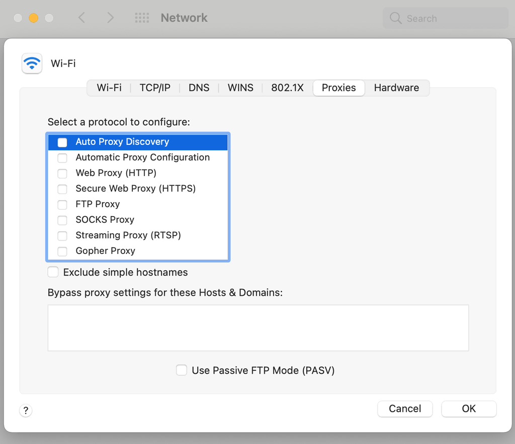 Les paramètres des proxys dans macOS.