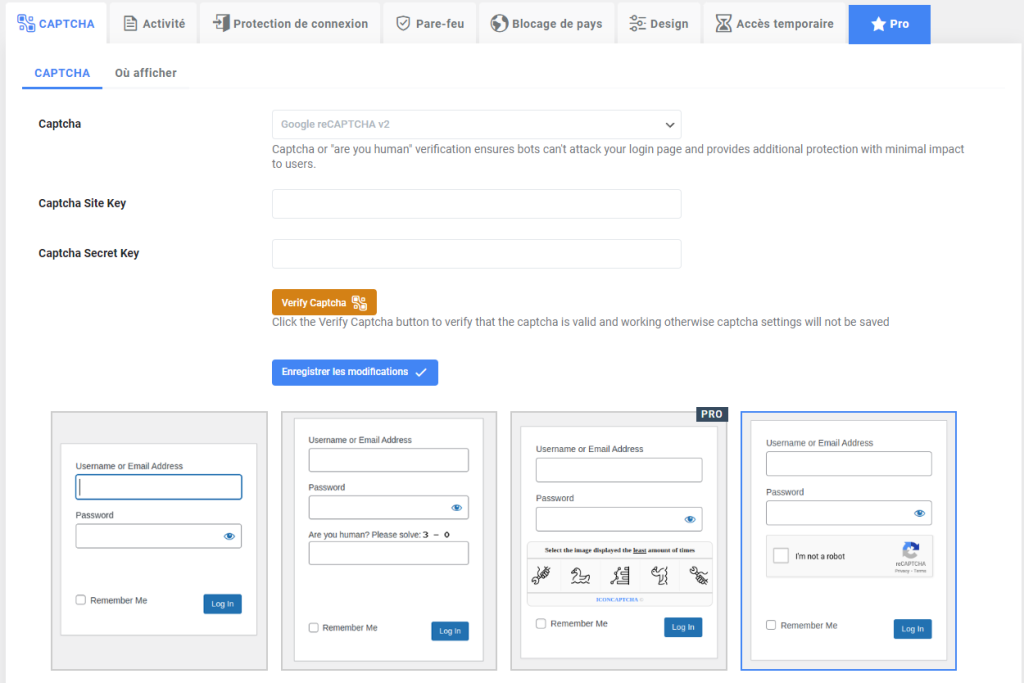 Page de configuration CAPTCHA du plugin Advanced Google reCAPTCHA