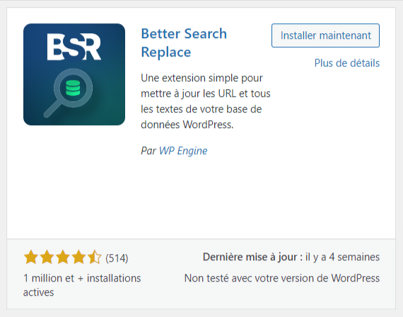 L'option d'installation du plugin Better Search Replace dans WordPress