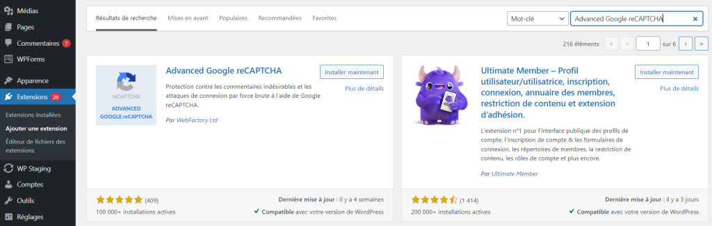 La page d'installation du plugin dans WordPress