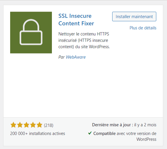 Option d'installation du plugin SSL Insecure Content Fixer dans WordPress