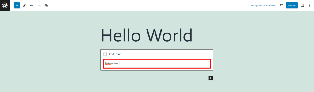 L'éditeur de blocs WordPress mettant en évidence le bloc de code court.