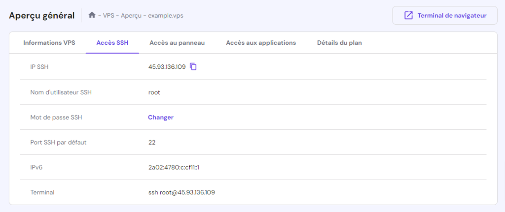 Identifiants de connexion VPS SSH dans hPanel