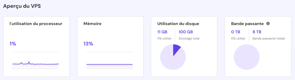 Moniteur de ressources Hostinger VPS dans hPanel