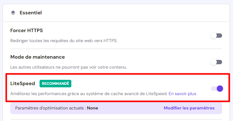 fonctionnalité LiteSpeed dans hPanel